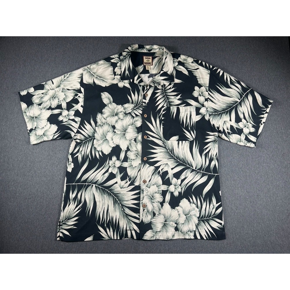VTG Tommy Bahama Men's XL 100% Silk Hawaiian Shirt Black White Floral Hibiscus